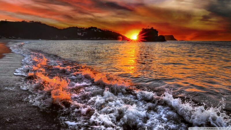 Ocean Waves at Sunset — Orange, Dramatic, Photograph, Sun, Sea, Beach