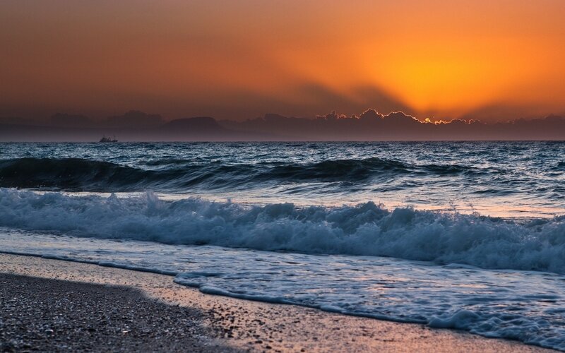 Ocean Waves at Sunset — Orange, Dramatic, Photograph, Sun, Sea, Boat