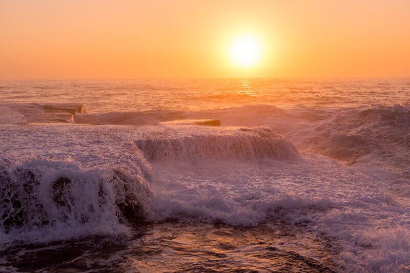 Ocean Waves at Sunset — Orange, Dramatic, Photograph, Sun, Sea, Rocks