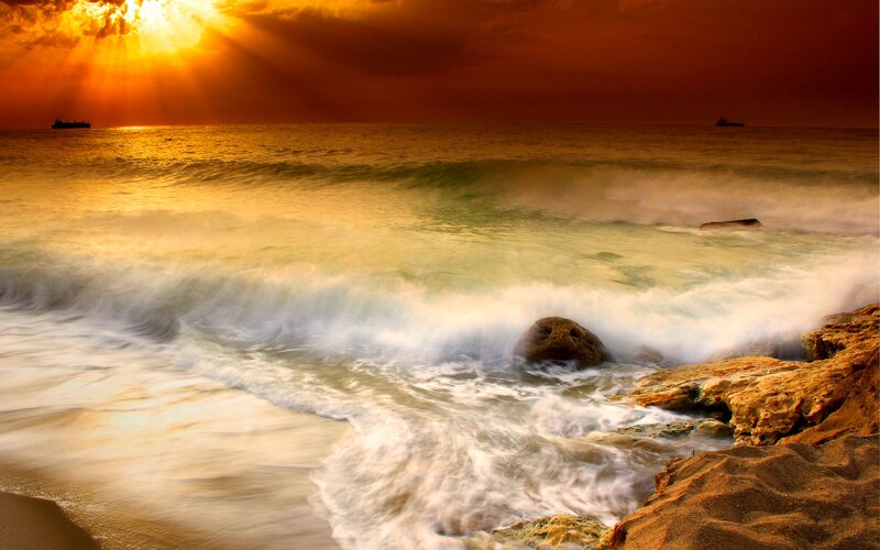 Ocean Waves at Sunset — Orange, Dramatic, Photograph, Sun, Ship