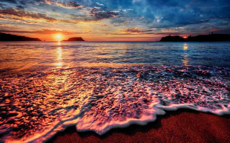 Ocean Waves at Sunset — Orange, Dramatic, Photograph, Sun, Sky, Beach, Island