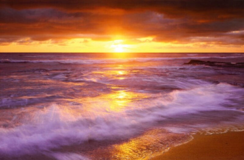 Ocean Waves at Sunset — Orange, Dramatic, Photograph, Sun, Sky, Beach