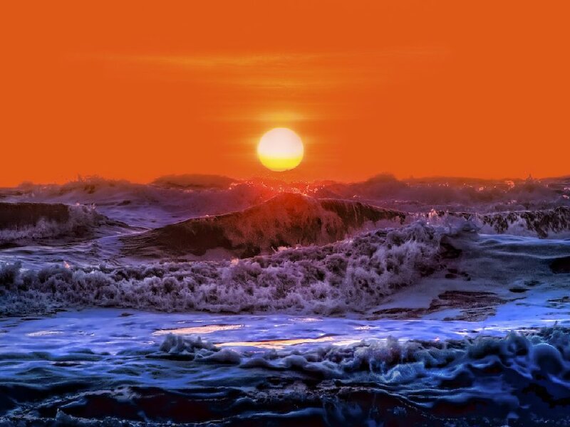 Ocean Waves at Sunset — Orange, Dramatic, Photograph, Sun, Sky, Blue