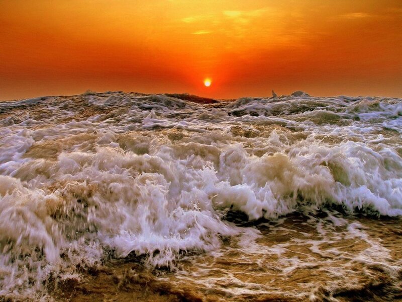 Ocean Waves at Sunset — Orange, Dramatic, Photograph, Sun, Sky, Foam