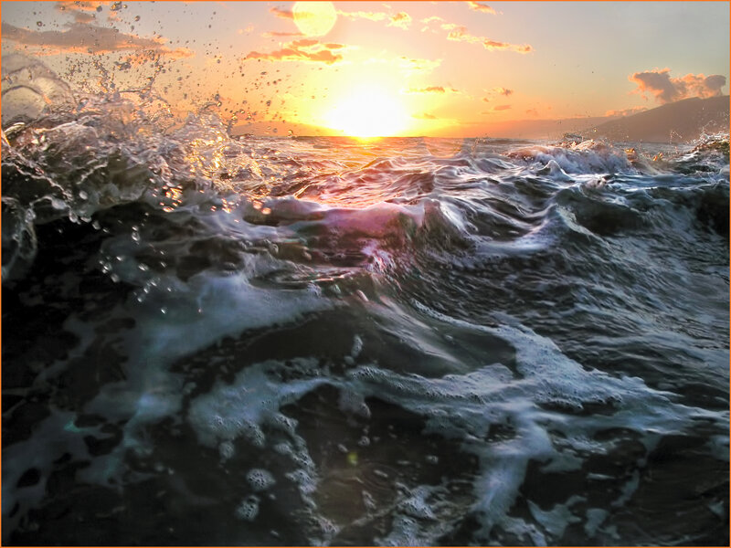 Ocean Waves at Sunset — Orange, Dramatic, Photograph, Sun, Sky, Mountain