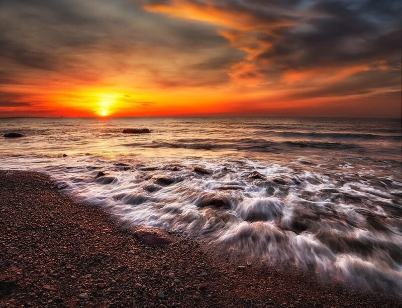 Ocean Waves at Sunset — Orange, Dramatic, Photograph, Sun, Sky, Pebbles
