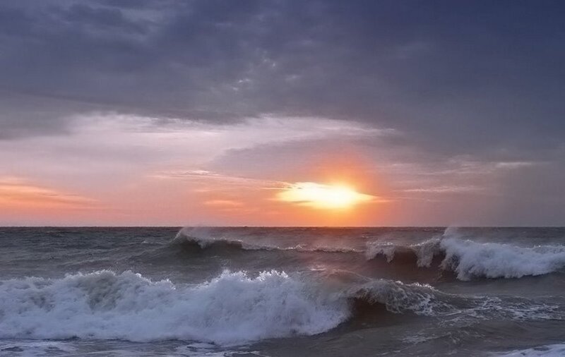 Ocean Waves at Sunset — Orange, Dramatic, Photograph, Sun, Sky, Purple
