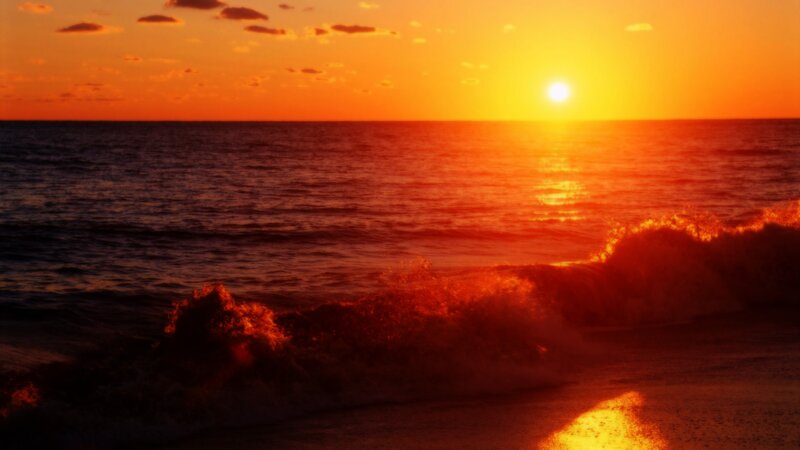 Ocean Waves at Sunset — Orange, Dramatic, Photograph, Sun, Sky, Red