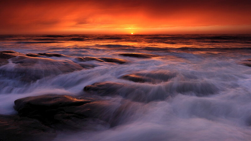 Ocean Waves at Sunset — Orange, Dramatic, Photograph, Sun, Sky, Rocks