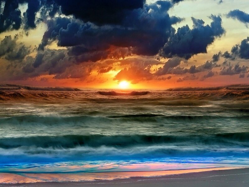 Ocean Waves at Sunset — Orange, Dramatic, Photograph, Sun
