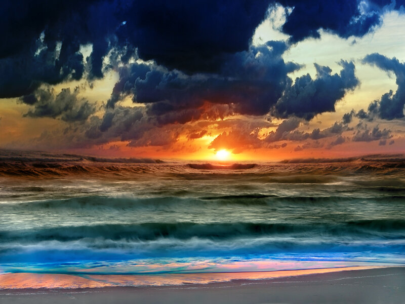 Ocean Waves at Sunset — Orange, Dramatic, Photograph