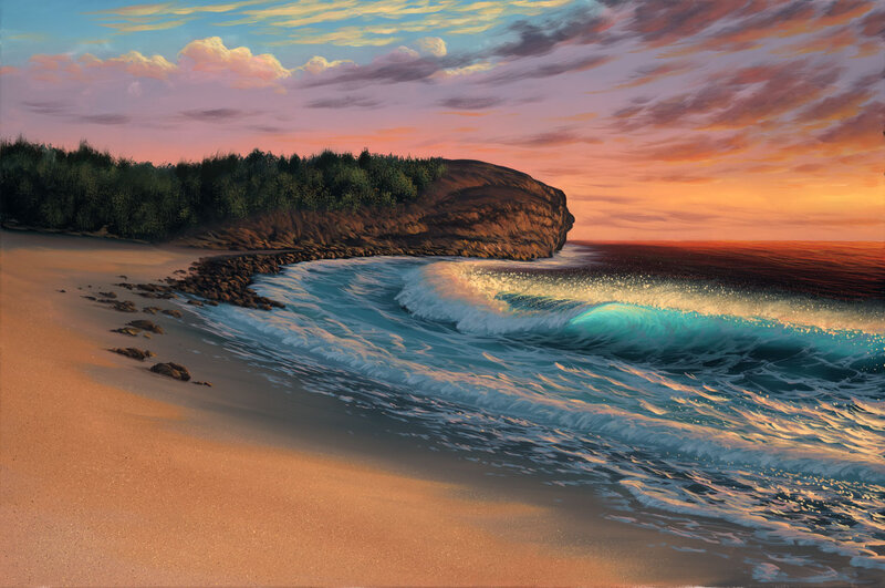 Ocean Waves at Sunset — Orange, Serene, Painting, Beach