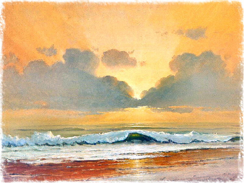 Ocean Waves at Sunset — Orange, Serene, Painting