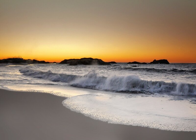 Ocean Waves at Sunset — Orange, Serene, Photograph, Beach, Rocks
