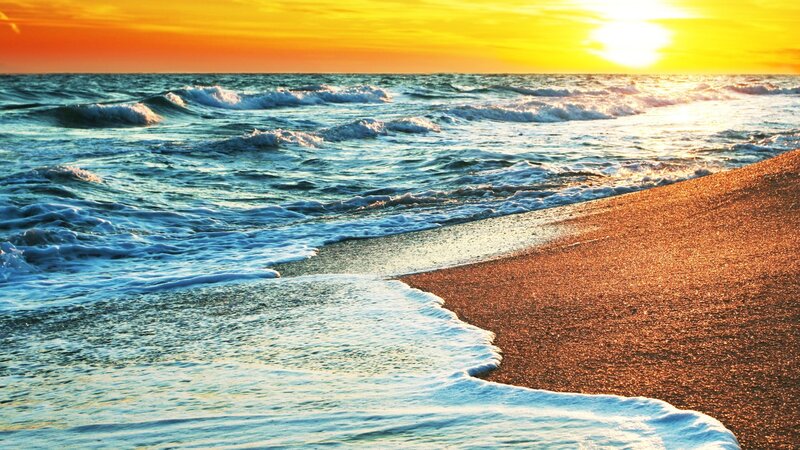 Ocean Waves at Sunset — Orange, Serene, Photograph, Beach, Sun