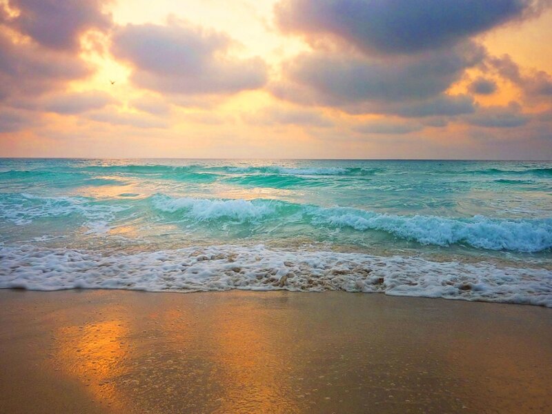 Ocean Waves at Sunset — Orange, Serene, Photograph, Clouds