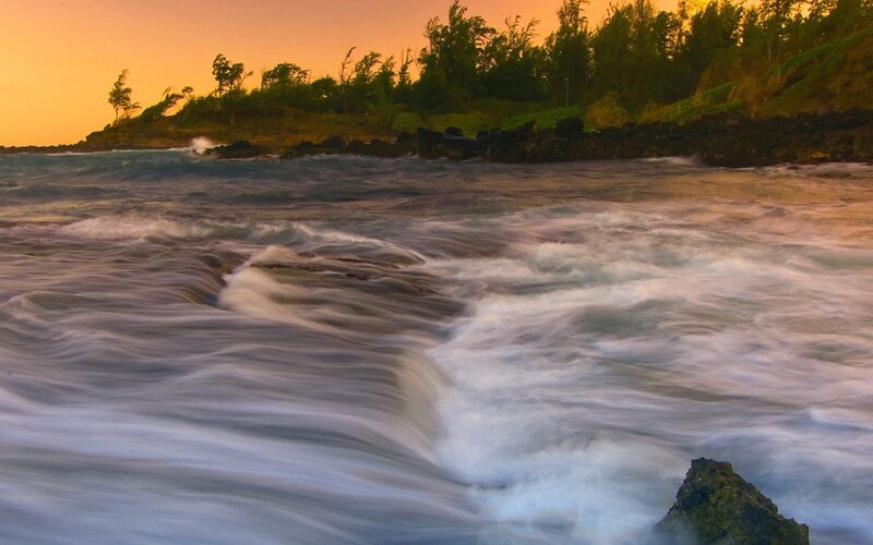 Ocean Waves at Sunset — Orange, Serene, Photograph, Coastline, Trees, Rocks