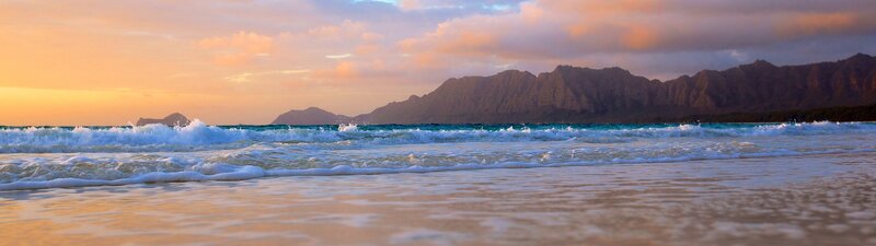 Ocean Waves at Sunset — Orange, Serene, Photograph, Mountains, Beach