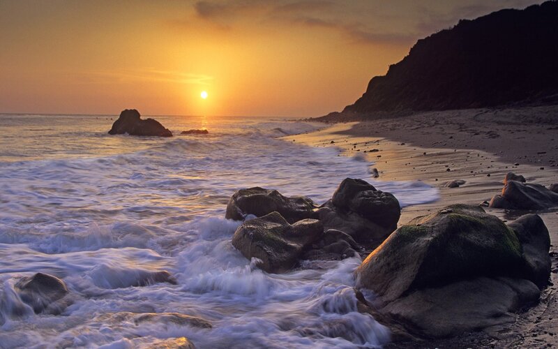 Ocean Waves at Sunset — Orange, Serene, Photograph, Rocks, Beach, Sun