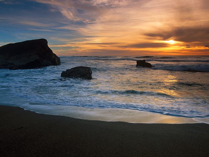 Ocean Waves at Sunset — Orange, Serene, Photograph, Rocks, Beach