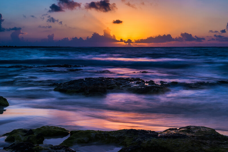 Ocean Waves at Sunset — Orange, Serene, Photograph, Rocks, Clouds