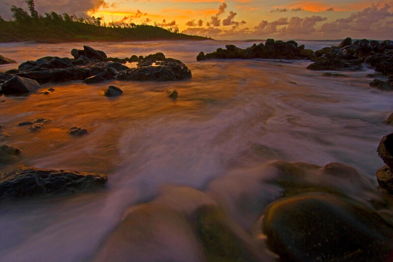 Ocean Waves at Sunset — Orange, Serene, Photograph, Rocks, Sky, Coastline