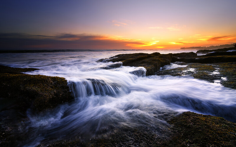 Ocean Waves at Sunset — Orange, Serene, Photograph, Rocks, Sky, Sea