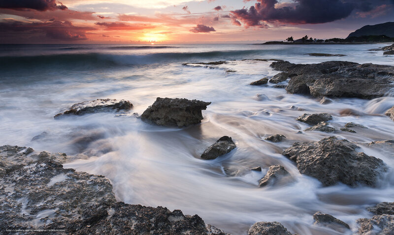 Ocean Waves at Sunset — Orange, Serene, Photograph, Rocks, Sky, Sun