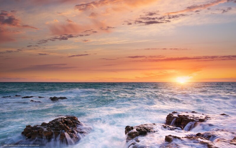 Ocean Waves at Sunset — Orange, Serene, Photograph, Rocks, Sun, Clouds