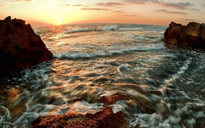 Ocean Waves at Sunset — Orange, Serene, Photograph, Rocks, Sun