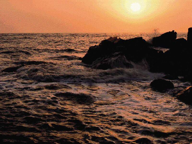 Ocean Waves at Sunset — Orange, Serene, Photograph, Rocks