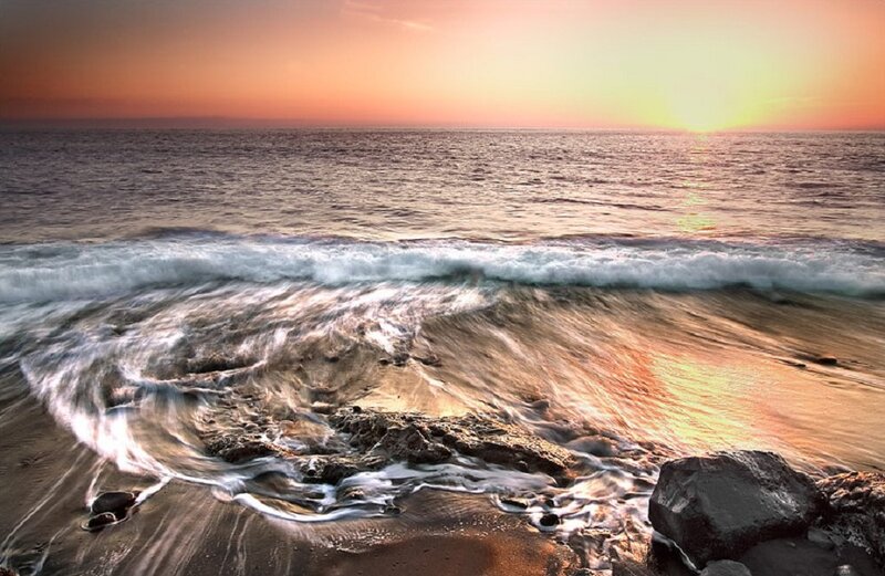 Ocean Waves at Sunset — Orange, Serene, Photograph, Sand, Rocks