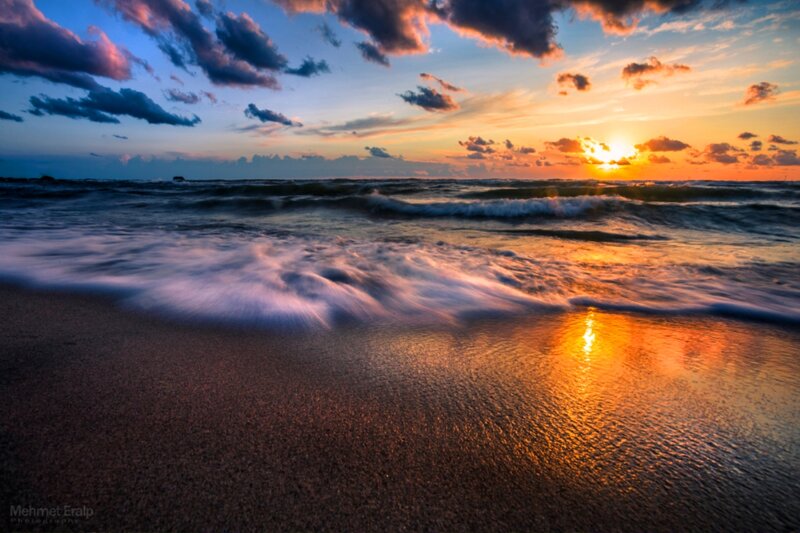 Ocean Waves at Sunset — Orange, Serene, Photograph, Sand, Sky, Clouds