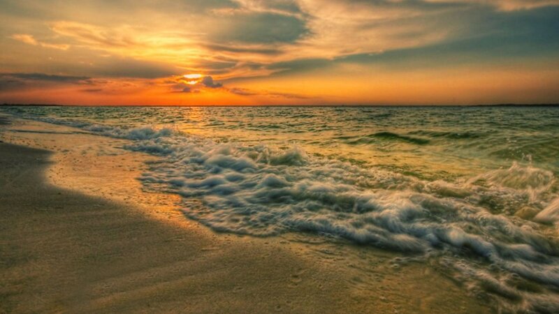 Ocean Waves at Sunset — Orange, Serene, Photograph, Sand, Sky