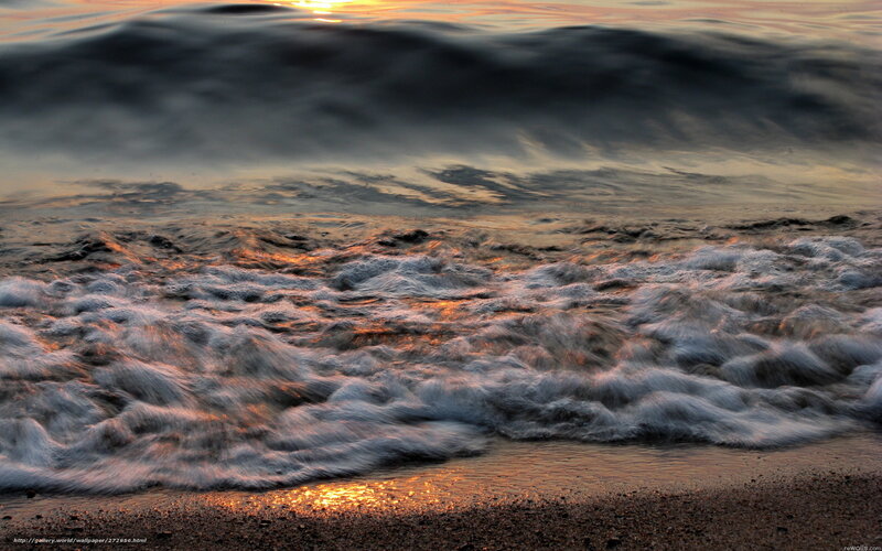 Ocean Waves at Sunset — Orange, Serene, Photograph, Sand, Sun