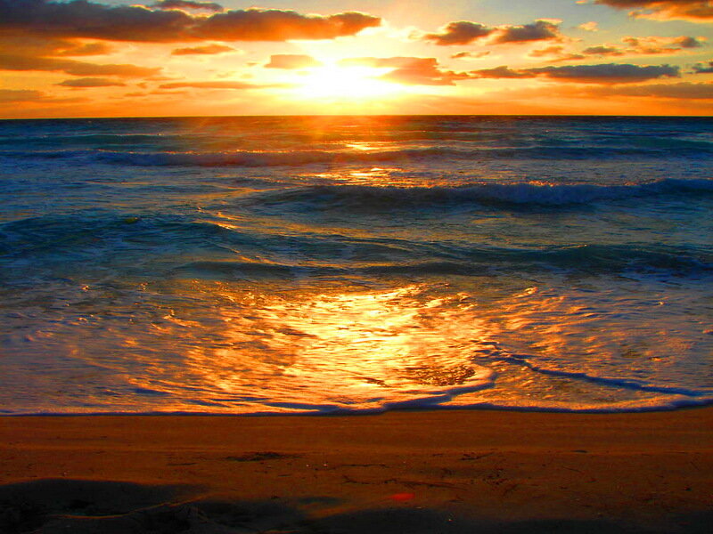 Ocean Waves at Sunset — Orange, Serene, Photograph, Sand