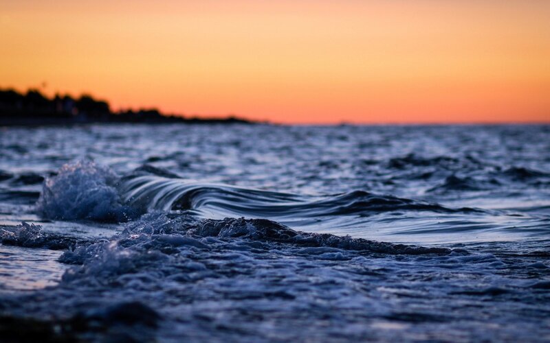 Ocean Waves at Sunset — Orange, Serene, Photograph, Sea