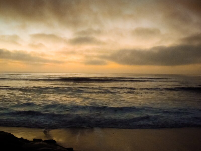 Ocean Waves at Sunset — Orange, Serene, Photograph, Sky, Beach, Clouds
