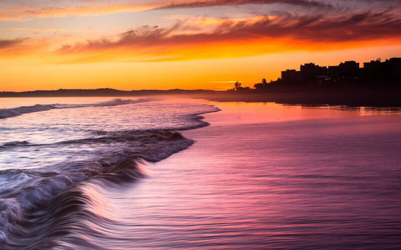 Ocean Waves at Sunset — Orange, Serene, Photograph, Sky, Beach
