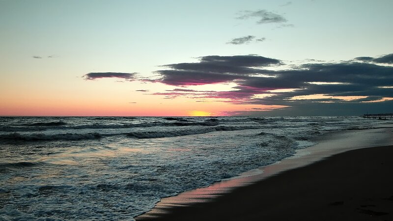 Ocean Waves at Sunset — Orange, Serene, Photograph, Sky, Clouds