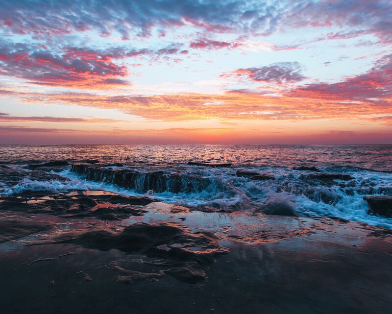 Ocean Waves at Sunset — Orange, Serene, Photograph, Sky, Rocks