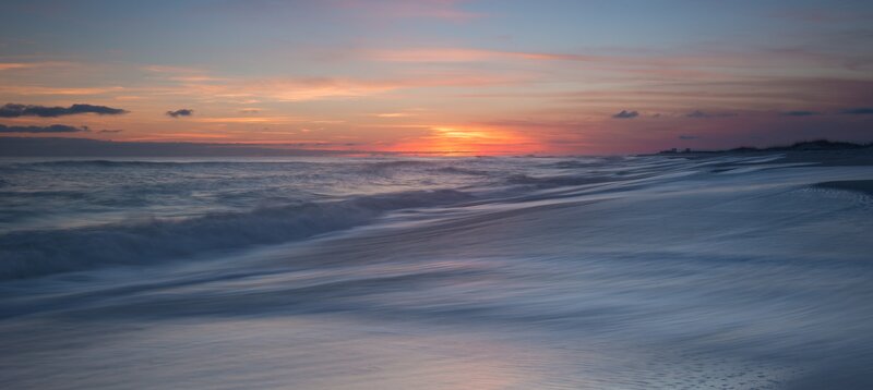 Ocean Waves at Sunset — Orange, Serene, Photograph, Sky, Sand