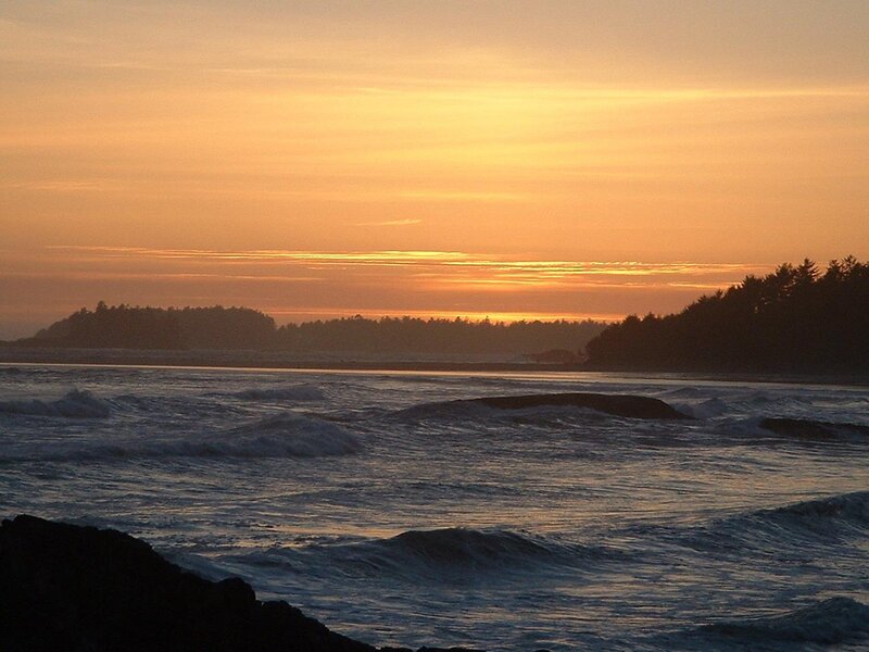 Ocean Waves at Sunset — Orange, Serene, Photograph, Sky, Trees