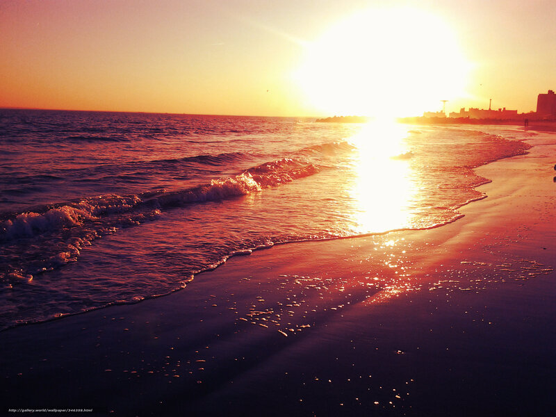 Ocean Waves at Sunset — Orange, Serene, Photograph, Sun, Beach, City Skyline