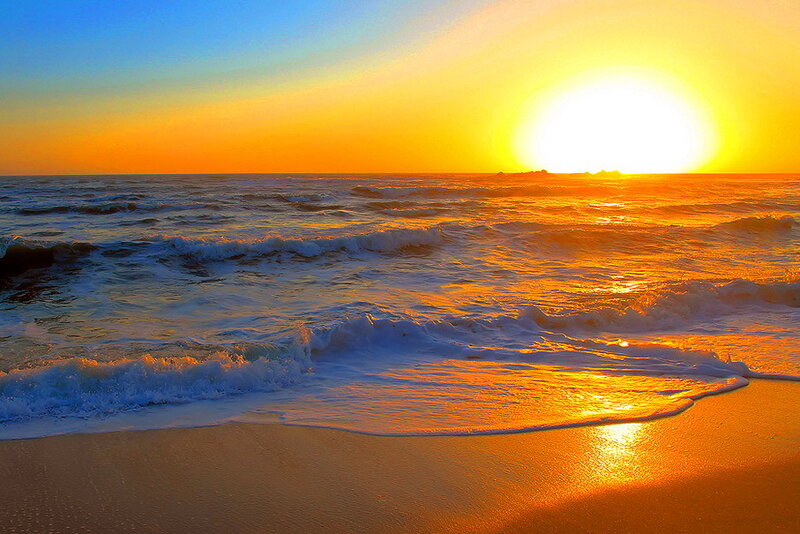 Ocean Waves at Sunset — Orange, Serene, Photograph, Sun, Beach