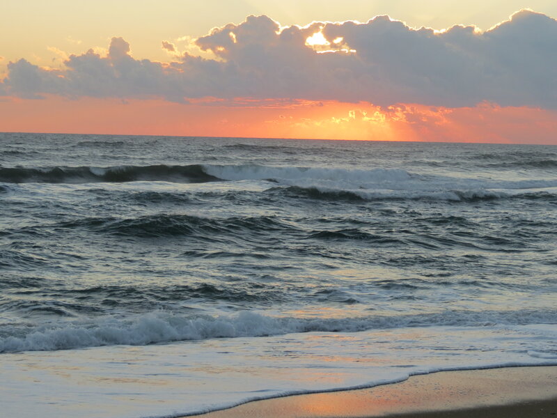 Ocean Waves at Sunset — Orange, Serene, Photograph, Sun, Clouds, Beach