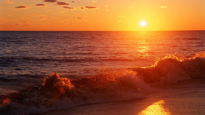 Ocean Waves at Sunset — Orange, Serene, Photograph, Sun, Clouds, Beach, Yellow, Blue
