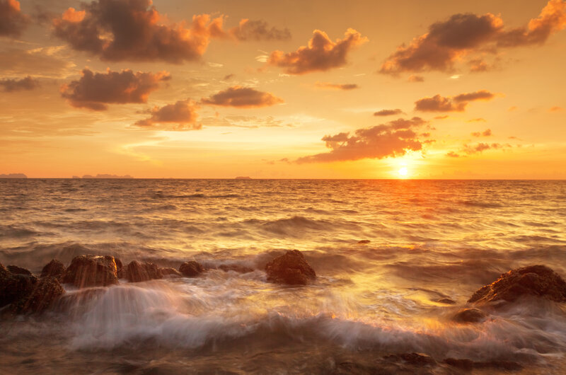 Ocean Waves at Sunset — Orange, Serene, Photograph, Sun, Clouds, Rocks