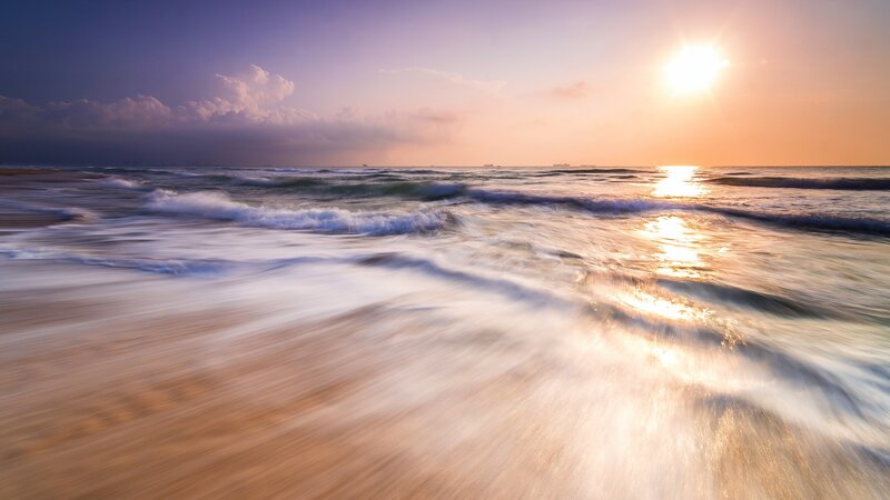 Ocean Waves at Sunset — Orange, Serene, Photograph, Sun, Clouds, Sand