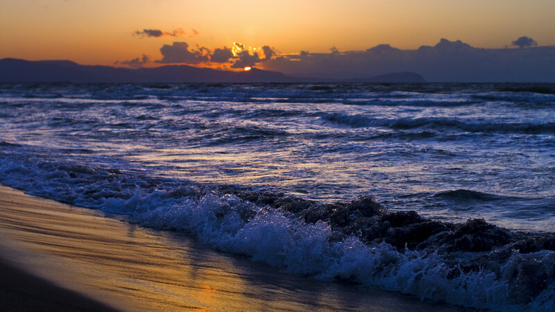 Ocean Waves at Sunset — Orange, Serene, Photograph, Sun, Clouds